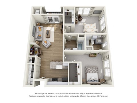 Floor plan for 2 beds, 2 baths, 1038 sqft